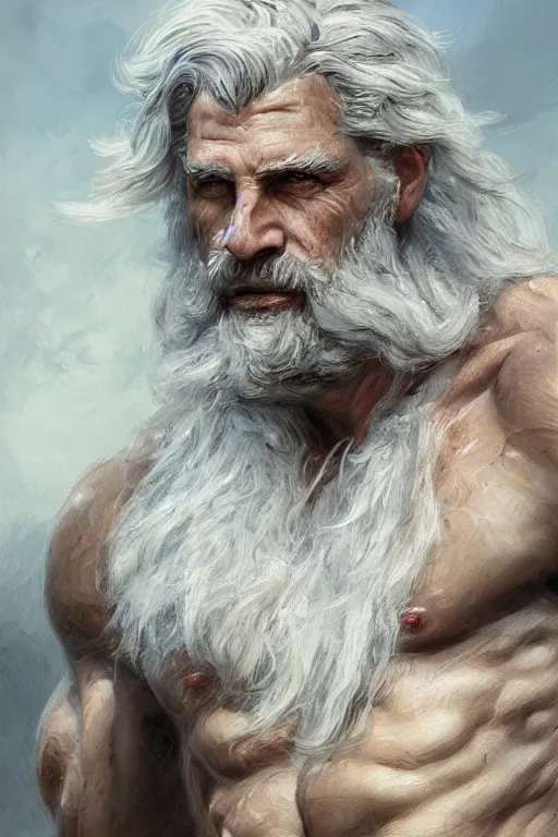 Image similar to painted portrait of rugged zeus, god of thunder, greek god, white hair, masculine, mature, handsome, upper body, muscular, hairy torso, fantasy, intricate, elegant, highly detailed, digital painting, artstation, concept art, smooth, sharp focus, illustration, art by gaston bussiere and greg rutkowski