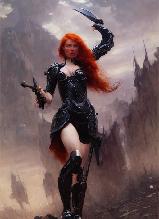 Image similar to short muscular redhead young woman wearing black lowpoly armour, bare legs, detailed, by gaston bussiere, bayard wu, greg rutkowski, giger, maxim verehin, greg rutkowski, masterpiece, sharp focus, cinematic lightning