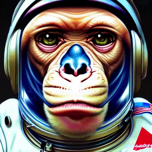 Prompt: Portrait of a space astronaut monkey, fantasy, intricate, highly detailed, digital painting, trending on artstation, sharp focus, illustration, style of Stanley Artgerm