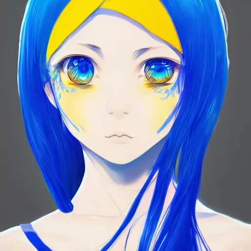 Image similar to a portrait of anime ukrainian blue and yellow girl, concept art, trending on artstation, highly detailed, intricate, sharp focus, digital art, 8 k