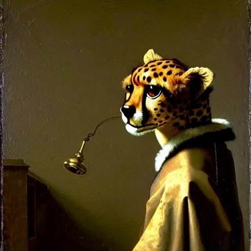 Prompt: A portrait of a steampunk anthropomorphic cheetah by Vermeer.