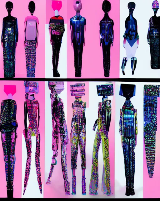 Prompt: a leaked screenshot of Balenciaga's fall 2049 collection, prismatic, dazzle camouflage!, dayglo pink, dayglo blue, Bladerunner, cyberpunk