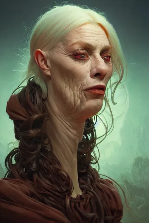 Image similar to portrait of the ugliest woman in the world, looking at camera, intricate, elegant, stylish, fantasy, extremely detailed, digital painting, artstation, concept art, smooth, sharp focus, illustration, stunning lighting, art by artgerm and greg rutkowski and alphonse mucha and simon stalenhag