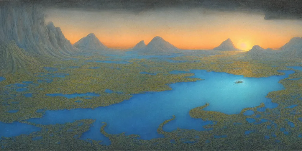 Prompt: Artwork by John Howe of the cinematic view of Jojunan, a breathtaking plane of jungles of blue tentacles, radioactive lakes, and desert valleys, lit by a warm orange twilight.