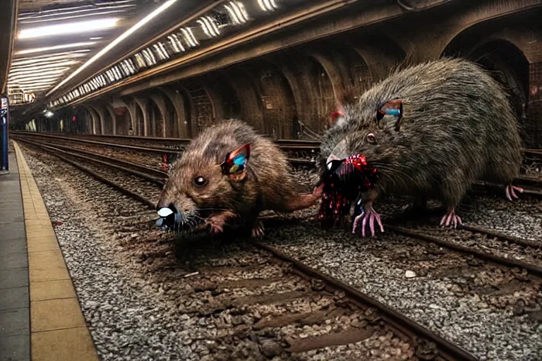 Image similar to very large giant mutant zombie irradiated ( angry rat ) staying on railways in tonnel of moscow subway. tonnel, railways, giant angry rat, furr, fangs, very realistic. extreme long shot, rusty colors, anish kapoor, ( herman nitsch, giger ).