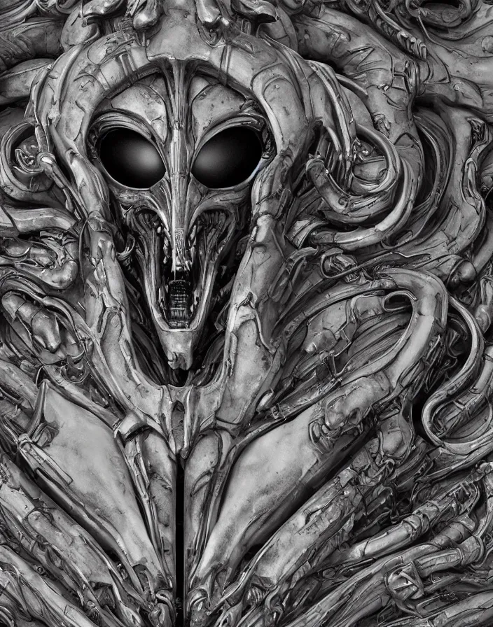 Image similar to engineer prometheus face, xenomorph alien face, highly detailed, symmetrical long head face, smooth marble surfaces, detailed ink illustration, raiden metal gear, cinematic smooth stone, deep aesthetic, concept art, post process, 4k, carved marble texture and silk cloth, latex skin, highly ornate intricate details, prometheus, evil, moody lighting, hr geiger, hayao miyazaki, indsutrial Steampunk