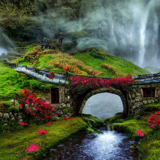 Prompt: spring festival at medieval hobbit village, ornate, beautiful, atmosphere, vibe, mist, smoke, fire, chimney, rain, wet, pristine, puddles, waterfall, melting, dripping, snow, creek, moss, ice, bridge, lightning, cobble, rainforest, roses, flowers, color page, 4 k, contest winner