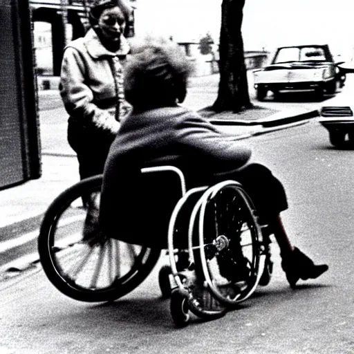 Prompt: Old woman in a wheelchair is chased by the police. photo. 1970.