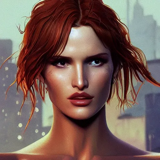 Image similar to bella thorne, hyperrealistic full figure, bladerunner street, art of elysium by frank frazetta, fantasy art, photo realistic, dynamic lighting, artstation, full figure poster, volumetric lighting, very detailed face, 4 k, award winning