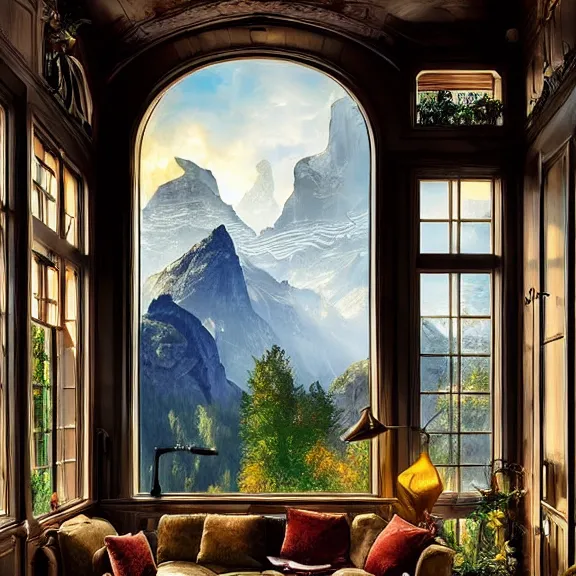 Image similar to fantastical living room with switzerland landscape in the window by marc adamus, beautiful dramatic lighting, overgrown with funghi, style by peter deligdisch, peterdraws