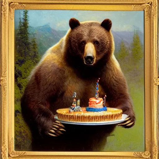 Image similar to polaroid photo of a bear eating cake, highly detailed painting by gaston bussiere, craig mullins, j. c. leyendecker