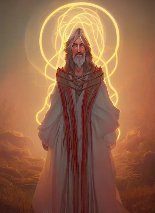 Image similar to beautiful illustration of a wizard with a robe made of ribbons of flesh, in the style abigail larsonand and sam guay, rim light, beautiful lighting, 8 k, stunning scene, octane, trending on artstation