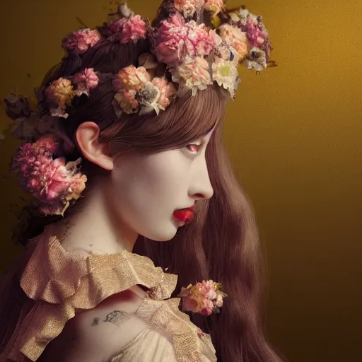 Image similar to 8k, octane render, realism, tonalism, renaissance, rococo, baroque, portrait of a young lady wearing long harajuku manga dress with flowers and skulls, background chaotic gold leaf flowers