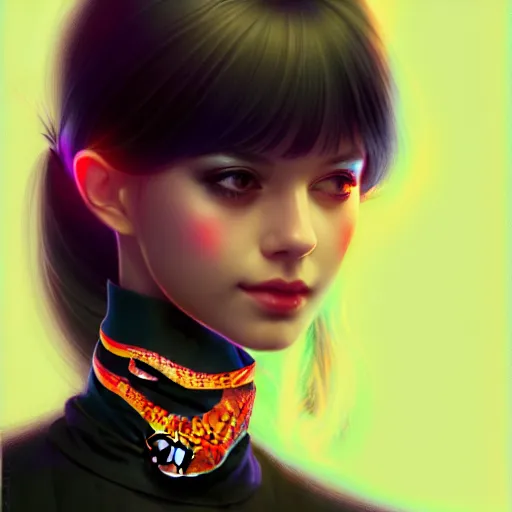 Image similar to longshot of a pretty girl wearing a black choker holding a snake, intricate, bright colors, sharp focus, illustration, highly detailed, concept art, matte, trending on artstation, anime, art by wlop and artgerm and greg rutkowski, ilya kuvshinov, strong strokes, h 6 4 0