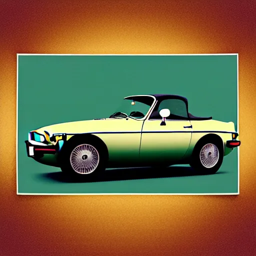 Prompt: vintage instamatic photo of a 1976 MGB, reflections, Isometric 3D, smooth 3D Illustration, Cinematic Matte Painting, volumetric lighting