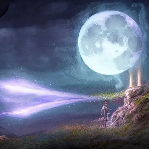 Prompt: the moon and a light pillar magic spell, epic fantasy style art, fantasy epic digital art, epic fantasy card game art