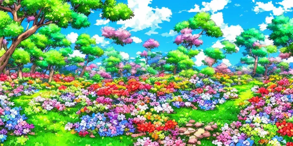 Image similar to a !!!!beautiful landscape of multi coloured flowers, trees and bushes. Anime style.