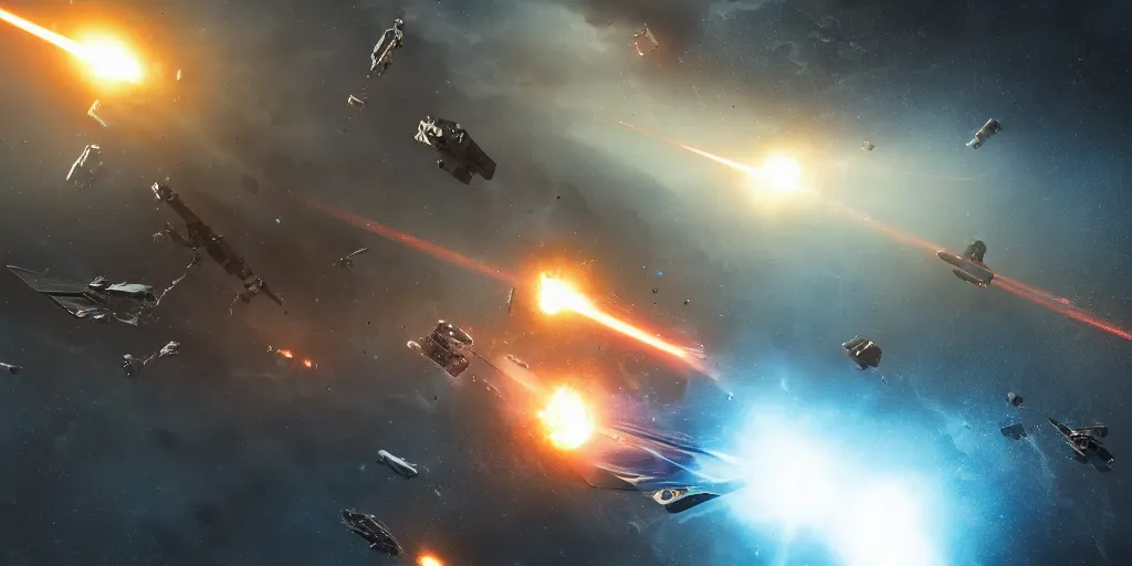Prompt: spacecraft battle scene, cinematic scifi shot, laser fire, explosions, ultra realistic details, 8 k