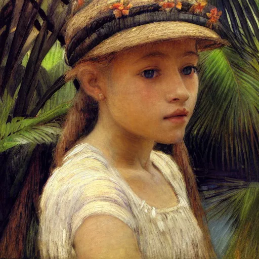 Image similar to a ultradetailed beautiful painting of a girl in the amazonas palace balustrade designed by jules bastien - lepage, hans belmer, frank weston and gustave baumann, beach, trending on artstation, mediterranean, palm trees, detailed face, sharp focus, soft light, 8 k 4 k