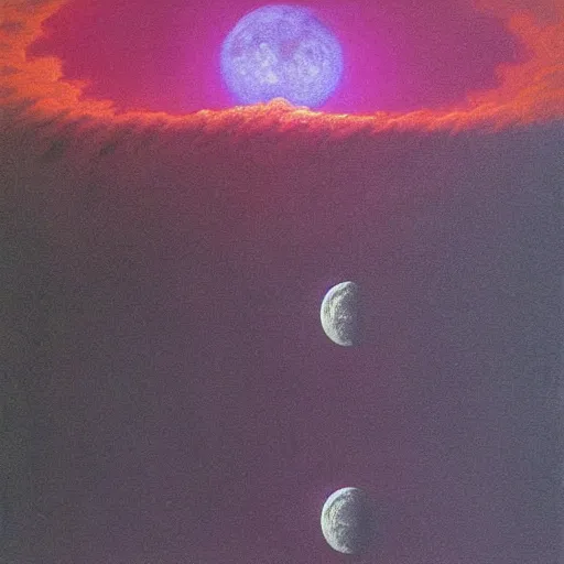 Image similar to the moon on fire by lisa frank inspired by zdzislaw beksinski, highly detailed background