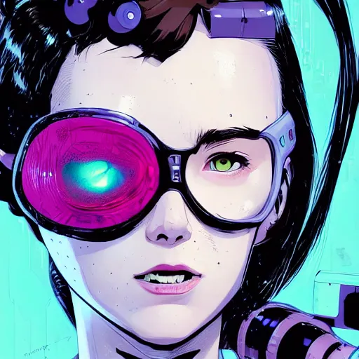 Image similar to Highly detailed portrait of a post-cyberpunk young lady with, freckles and cool hair, with robotic facial enhancements by Atey Ghailan, by Loish, by Bryan Lee O'Malley, by Cliff Chiang, inspired by image comics, inspired by graphic novel cover art, inspired by nier, inspired by scott pilgrim !! Gradient green, black and white color scheme ((grafitti tag brick wall background)), trending on artstation