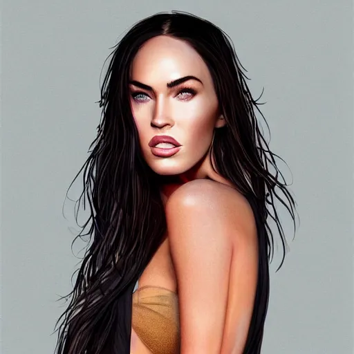 Image similar to megan fox closeup of face as she licks her lips. hyperrealistic portrait, photo realistic, poster, artstation, volumetric lighting, digital art, very detailed face by magali villeneuve