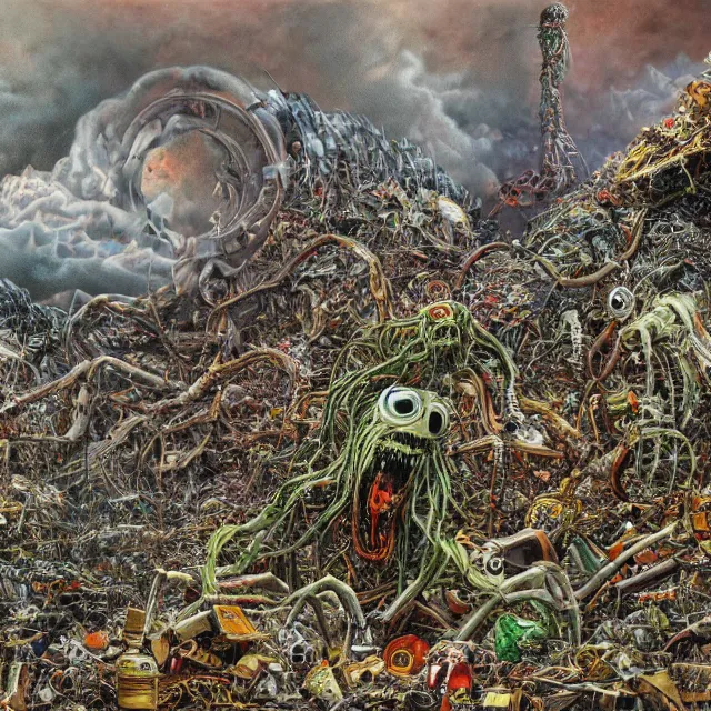 Image similar to a machine made of rubbish with long arms devours other rubbish and creatures in a giant rubbish heap full of strange and terrifying creatures, under a green sky in the distance, bones, corpses, monsters, hell, distorted, creepy, illustration, by dan seagrave, cinematic photographym, cinematic, ue 5, metal album cover art