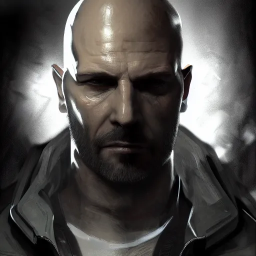 Image similar to bald Max Payne as Adam Jensen in Deus Ex, by Cedric Peyravernay, highly detailed, excellent composition, cinematic concept art, dramatic lighting, trending on ArtStation