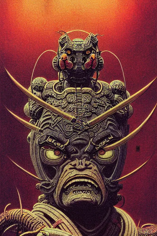 Image similar to japanese oni, character portrait, portrait, close up, concept art, intricate details, highly detailed, soft light, vintage sci - fi poster, in the style of chris foss, rodger dean, moebius, michael whelan, and gustave dore