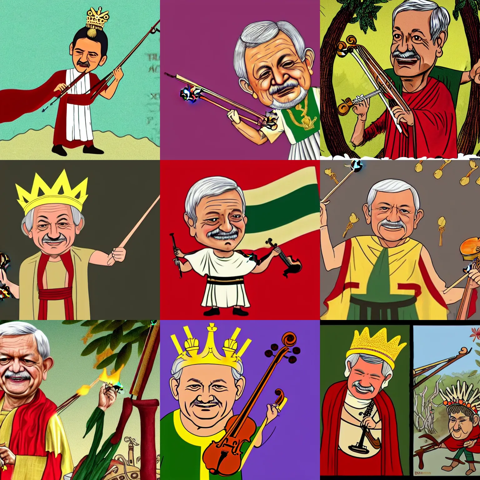 Prompt: a cartoon amlo dressed in a roman toga with a gilded crown of olive branches, playing the violin as mexico burns in the background