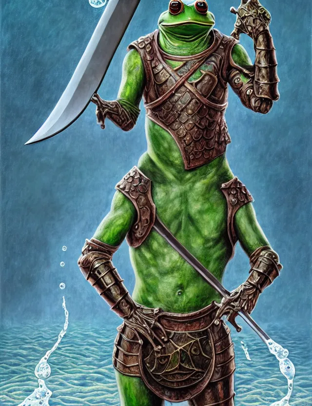 Image similar to anthropomorphic bipedal frog that is wearing steel plate armor, and holding a colossal sword in his hand, as a matte oil painting and d & d character art, by alex grey, standing, fullbody, floating bubbles, sea foam, ocean spray, award - winning, extremely detailed, sharp focus