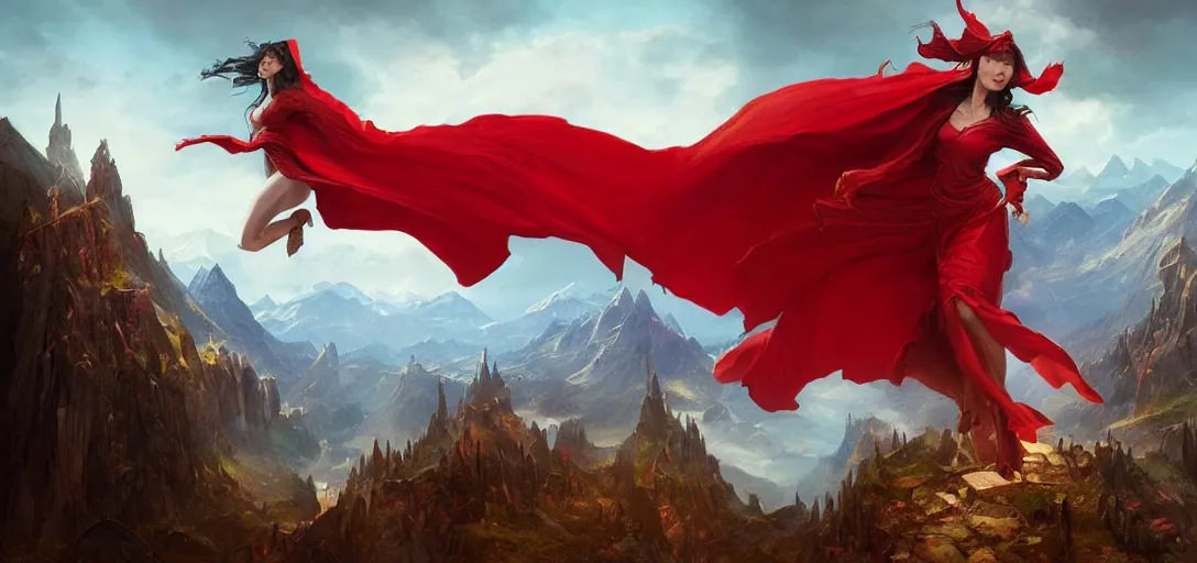 Prompt: sorceress witch wearing a red cape casting a powerful spell on the village in the mountains, fantasy, epic, atmospheric, by artgerm, by greg rutkowski, by noah bradley, digital avedon