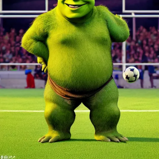 Image similar to shrek!! imposing stature in the center of a football match