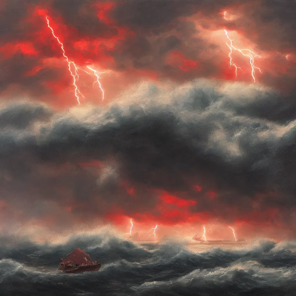 Image similar to a fantasy landscape. subject : giant red kraken, stormy sea, giant waves, lightning in the background, small boat, oil painting, 4 k