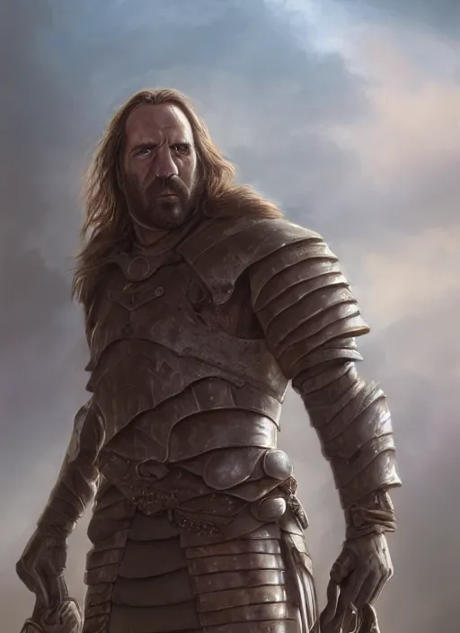 Image similar to sandor clegane by anne stokes and larry elmore, detailed matte painting, realistic portrait, symmetrical, highly detailed, digital painting, artstation, concept art, smooth, sharp focus, illustration, cinematic lighting, 8 k resolution