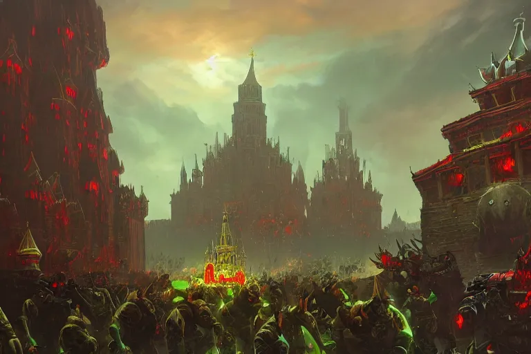 Prompt: moscow in style of world of warcraft orgrimmar, red square, orc village, green and red orcs in modern camouflage, illustration in style of darek zabrocki, noah bradley, cinematic, russian flag