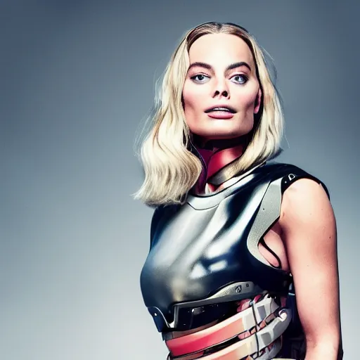 Prompt: full body portrait of Margot Robbie as a cyborg with robotic prosthetic arms and legs, 4k, hyperdetailed, photorealist, DSLR photograph