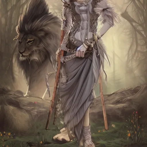 Image similar to detailed 2 d fantasy picture a woman with gray hear, using dead lion costume jacket, and holding long stick in the style of artgerm and greg rutkowski and alphonse mucha