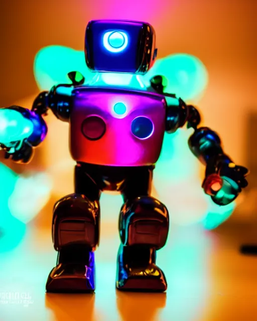 Image similar to high quality presentation night photo of an illuminated glowing retro toy robot, photography 4k, f1.8 anamorphic, bokeh, 4k, Canon, Nikon
