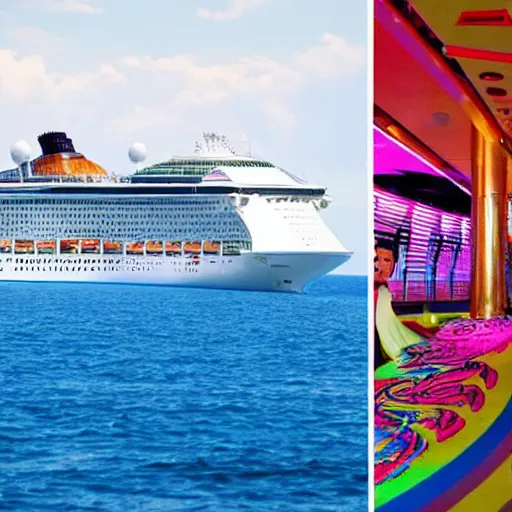 Prompt: a man tripping balls on acid and completely losing touch with reality on a cruise ship
