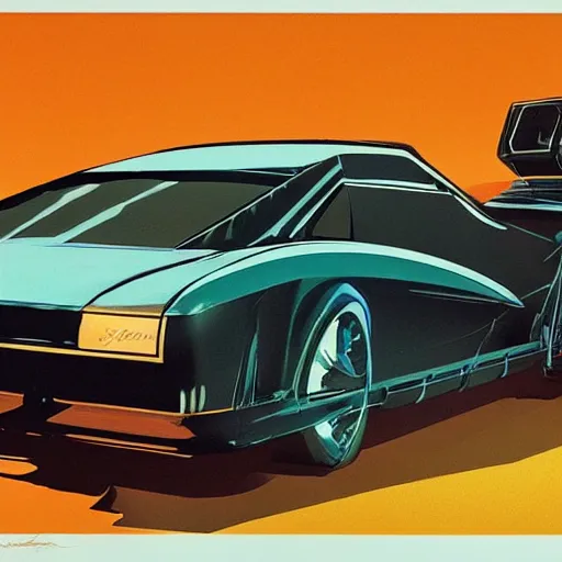 Image similar to concept art for a car with meat smoker trunk, illustrated by syd mead, high quality