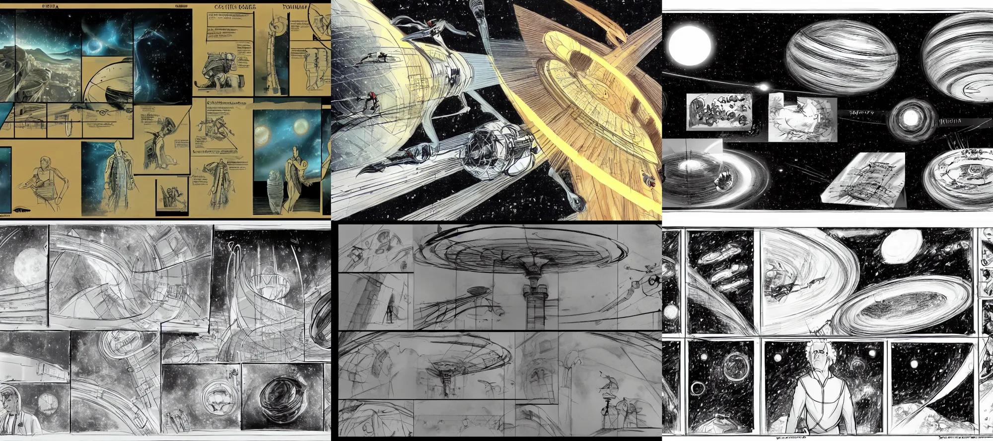 Prompt: storyboard sketches for the film adaptation of rendezvous with rama