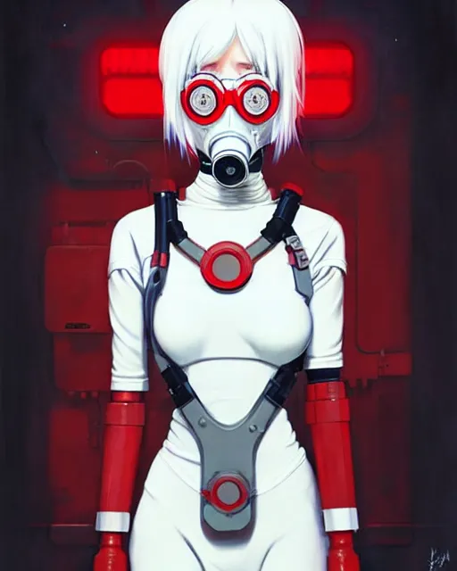 Image similar to white haired cyborg girl wearing a gas mask and red dress | | audrey plaza, fine detail!! anime!! realistic shaded lighting!! poster by ilya kuvshinov katsuhiro otomo ghost - in - the - shell, magali villeneuve, artgerm, jeremy lipkin and michael garmash and rob rey