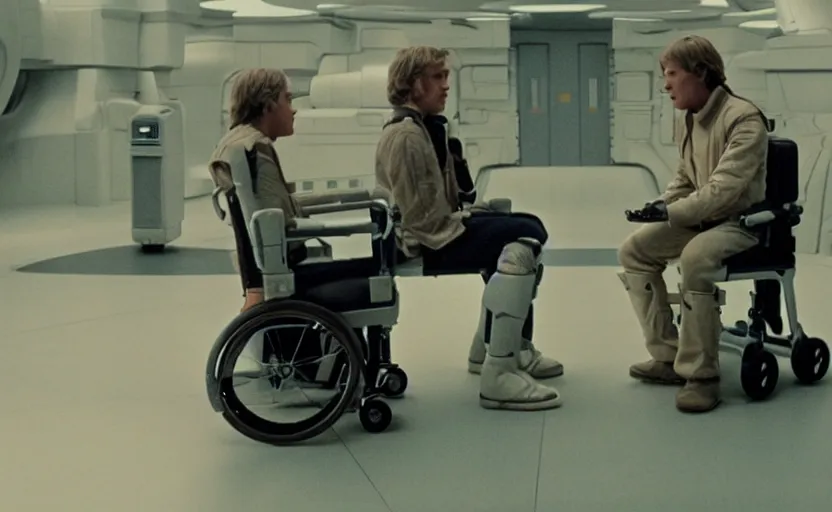 Image similar to cinematic still image screenshot portrait luke skywalker in cybernetic wheel chair talking to a lonely droid, from the tv show on disney + anamorphic lens, photo 3 5 mm film kodak from empire strikes back crisp 4 k imax