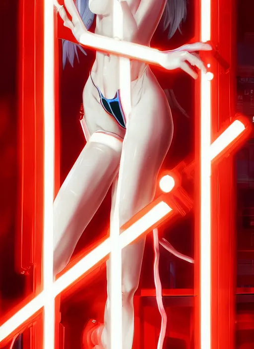 Image similar to unnatural body rei ayanami, fluent composition, red and white neon, concept art, ambient light, 4 k, intricate details, highly professionally detailed, cgsociety, highly detailed -