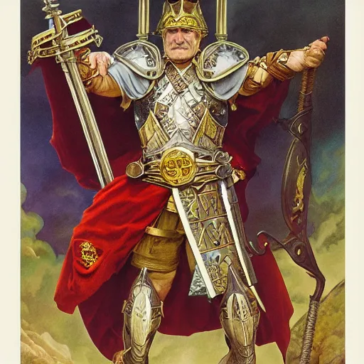 Image similar to an ultradetailed portrait of robin williams dressed as a fantasy holy paladin, carrying a large tower shield, d & d, fantasy, intricate, elegant, highly detailed, digital painting, matte, sharp focus, illustration, plate armor, god rays, art by john collier and albert aublet and krenz cushart and artem demura and alphonse mucha