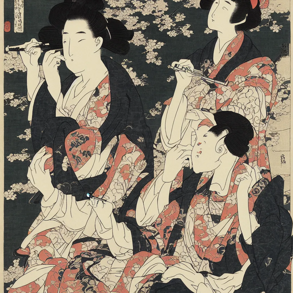 Image similar to i, a beautiful woman wearing headphone and playing iphone, by hokusai