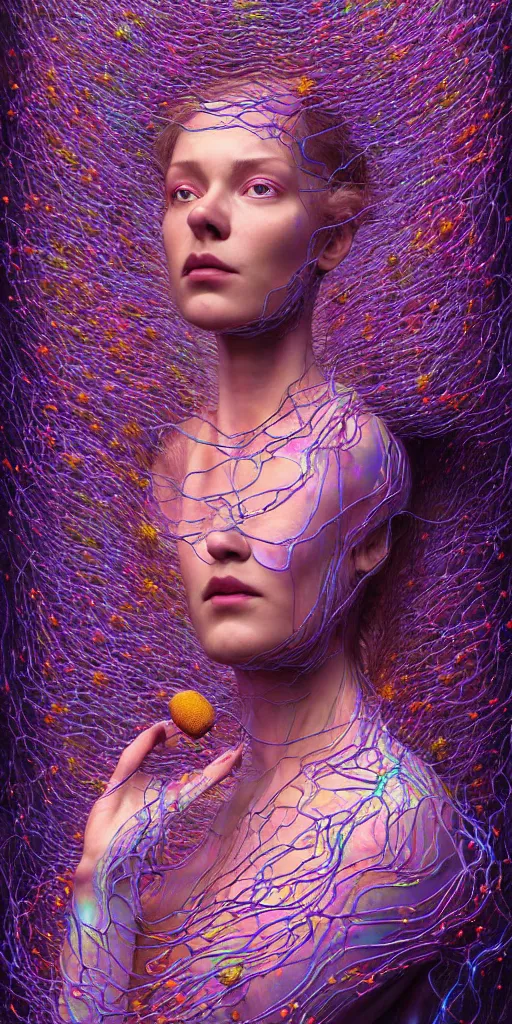 Image similar to hyper detailed 3d render like a Oil painting - portrait sculpt of Aurora (Singer) seen Eating of the Strangling network of yellowcake aerochrome and milky Fruit that covers her body and Her delicate Hands hold of gossamer polyp blossoms bring iridescent fungal flowers whose spores black the foolish stars by Jacek Yerka, Mariusz Lewandowski, Houdini algorithmic generative render, Abstract brush strokes, Masterpiece, Edward Hopper and James Gilleard, Zdzislaw Beksinski, Mark Ryden, Wolfgang Lettl, hints of Yayoi Kasuma, octane render, 8k