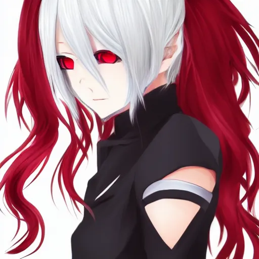 Prompt: white hair red eyes two small black horn on the head anime style anime girl