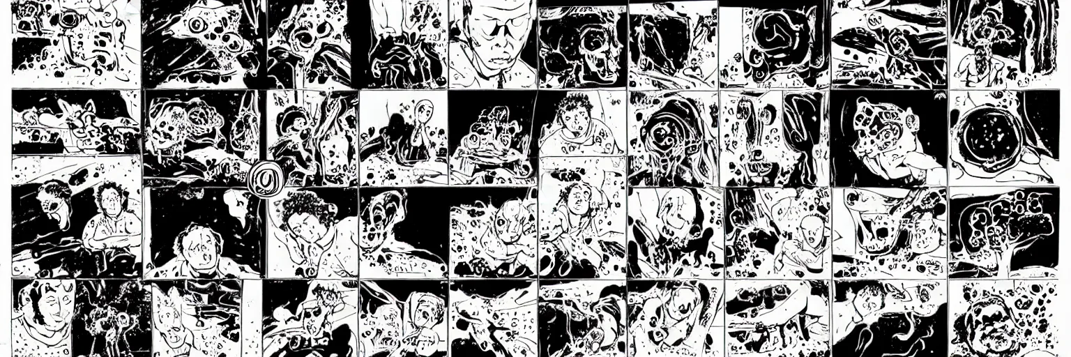 Prompt: character study of todd solondz tripping on mushrooms and becoming god | vivid colors : storyboard, graphic novel, adult comics, dramatic and emotional, concept design, realistic. by gabriel hardman, joe alves, j. todd anderson, chris bonura. cinematic atmosphere, detailed and intricate, perfect anatomy